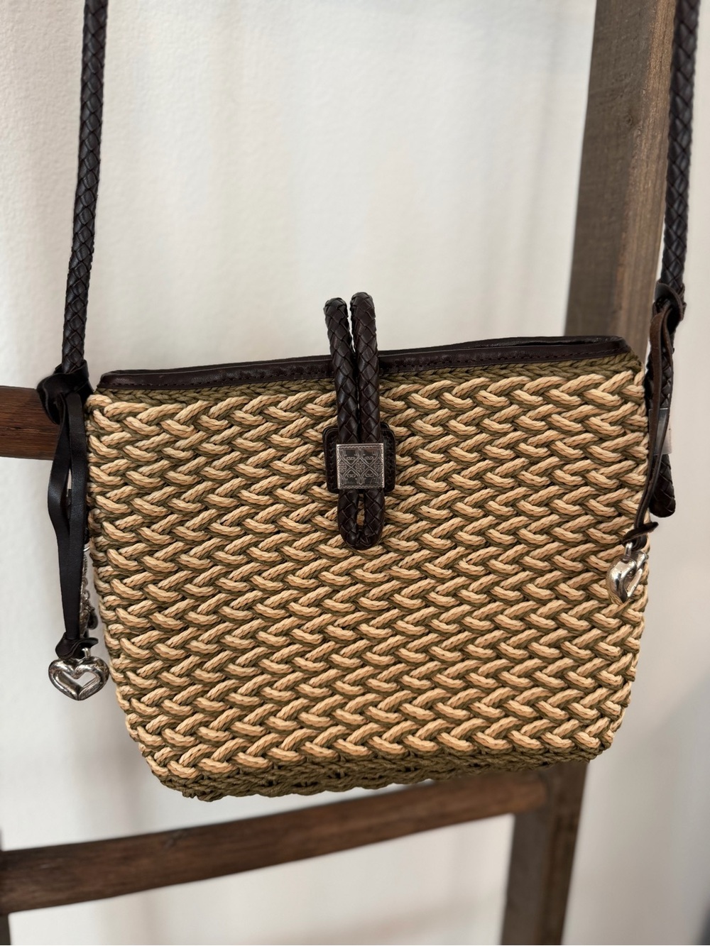 Brighton Woven Straw Crossbody with Dark Brown Trim